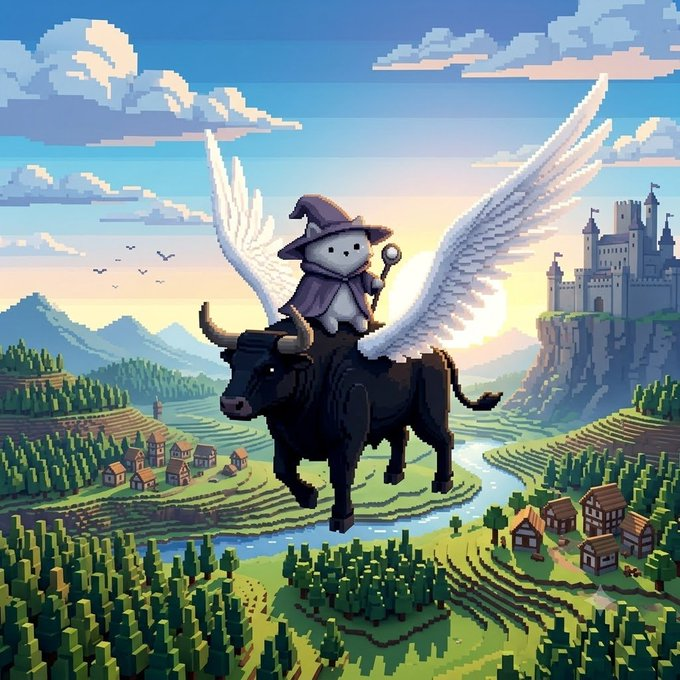 poof the wizard cat riding a winged flying bull over a fairyland valley with a river, villages and a castle