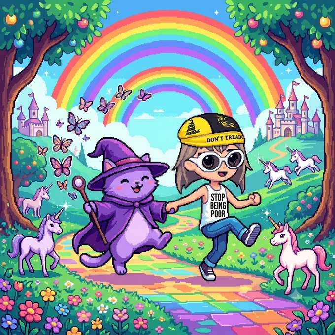 poof the wizard cat skipping down a rainbow road with a friend, unicorns and castles